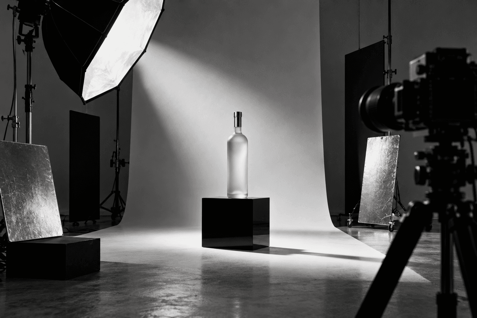 Studio fotografike me ndriçim të kuruar për një fushatë produkti — vizual konceptual